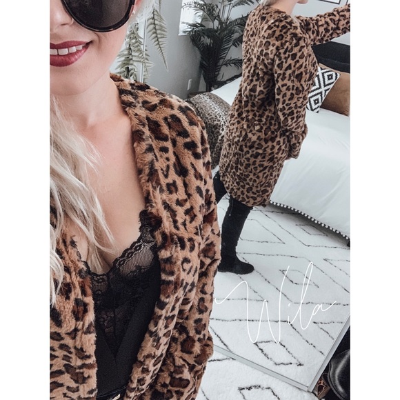Leopard print teddy cardigan pockets faux fur - Picture 4 of 8